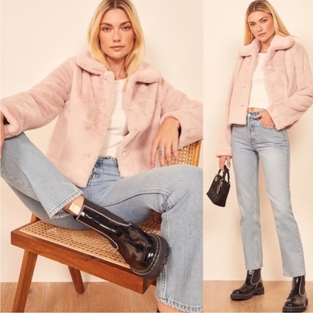 Reformation Hampton faux fur light pink cropped jacket size L